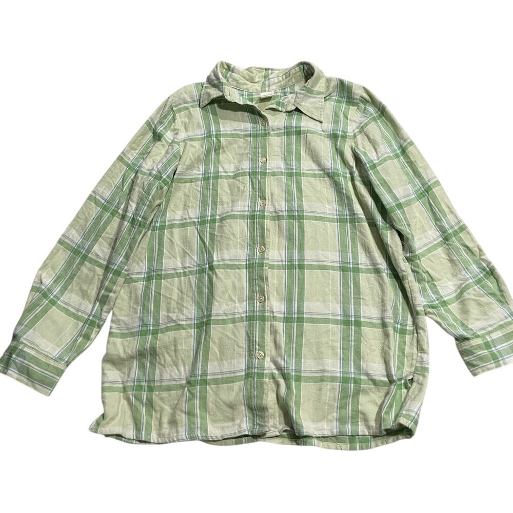 VTG Blair Long Sleeve Flannel Shirt Button Up Womens Sz Large Green Plaid Cotton